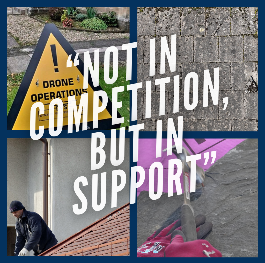 Drone roof inspection sign and roofing work in progress – supporting local roofers, not in competition